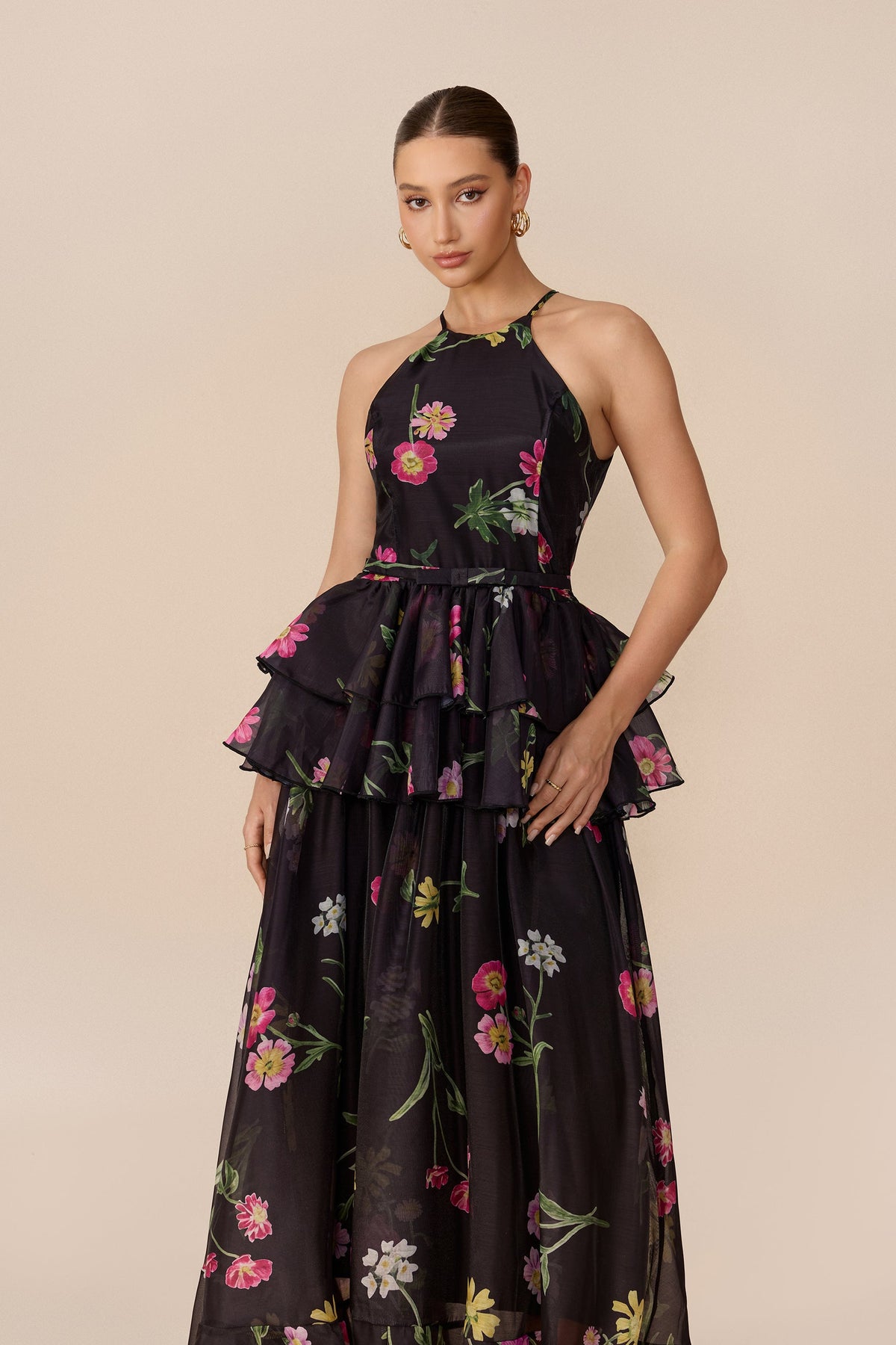 Black Floral Print Tiered Halter-Neck Sleeveless Maxi Dress