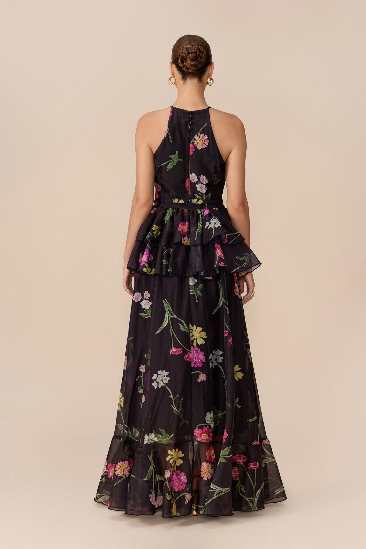 Black Floral Print Tiered Halter-Neck Sleeveless Maxi Dress