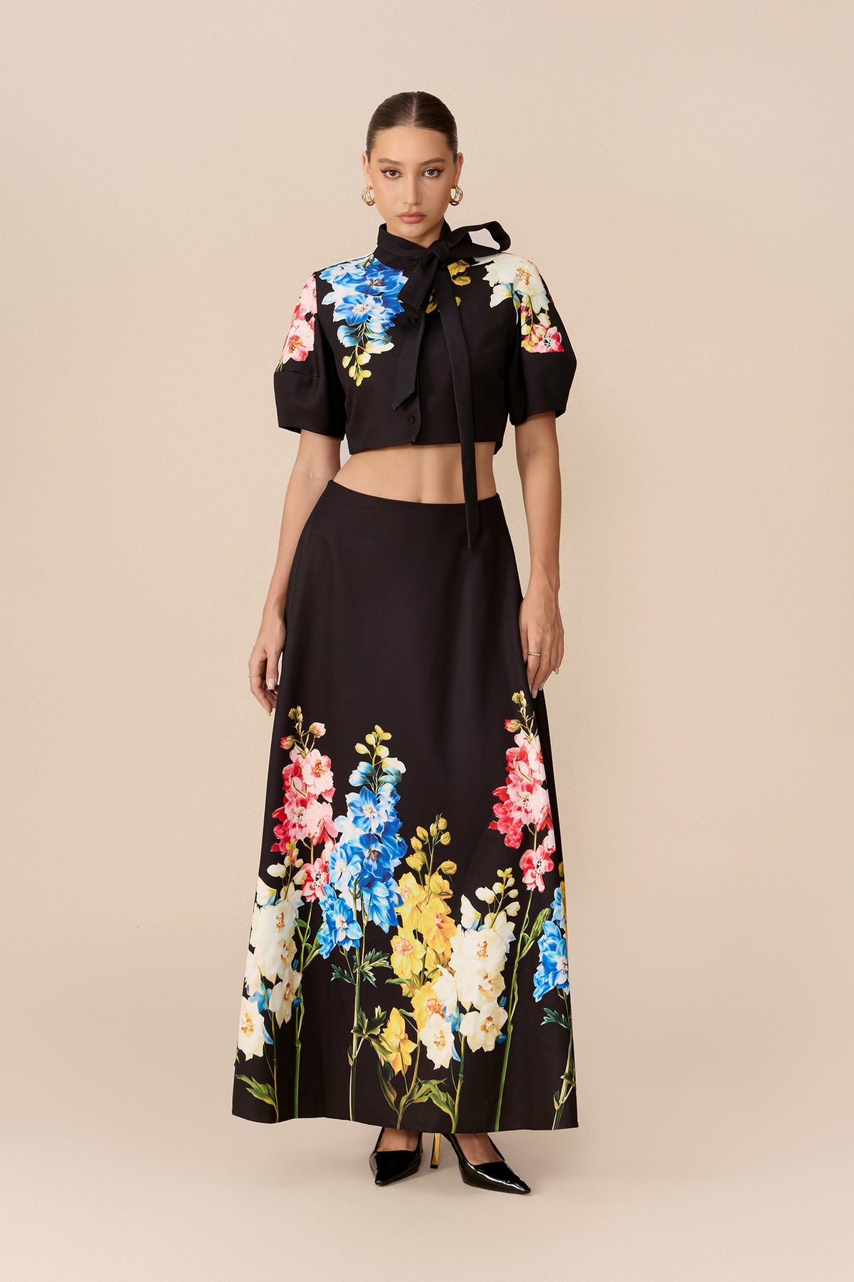 Black Floral Print Tie Neck Puff-Sleeve Cropped Top & Maxi Skirt Set