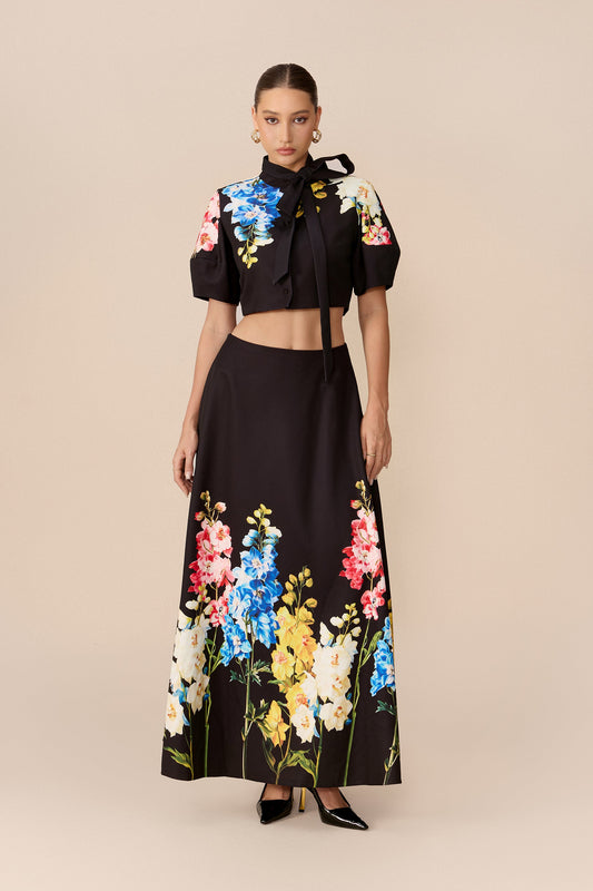 Black Floral Print Tie Neck Puff-Sleeve Cropped Top & Maxi Skirt Set