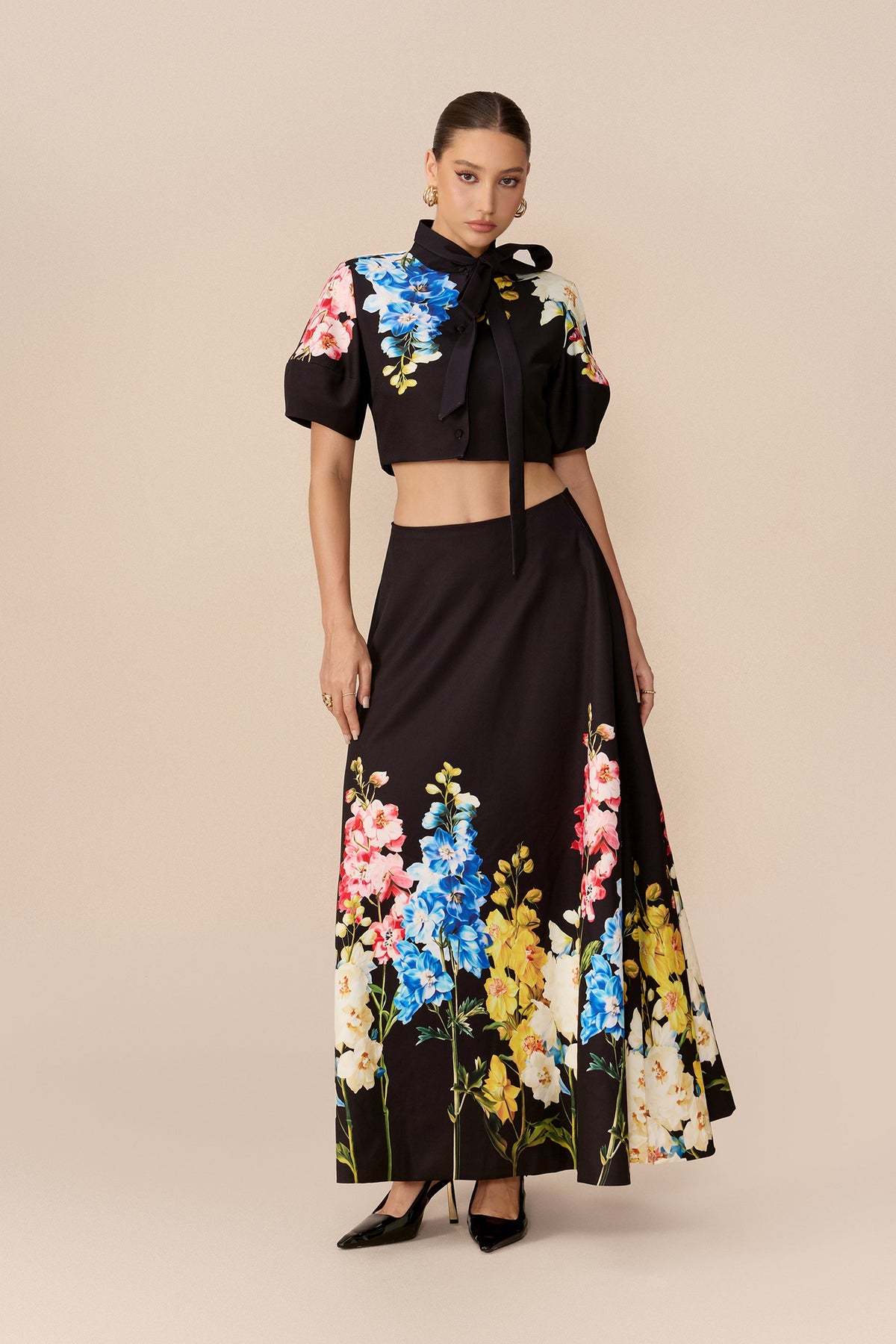 Black Floral Print Tie Neck Puff-Sleeve Cropped Top & Maxi Skirt Set
