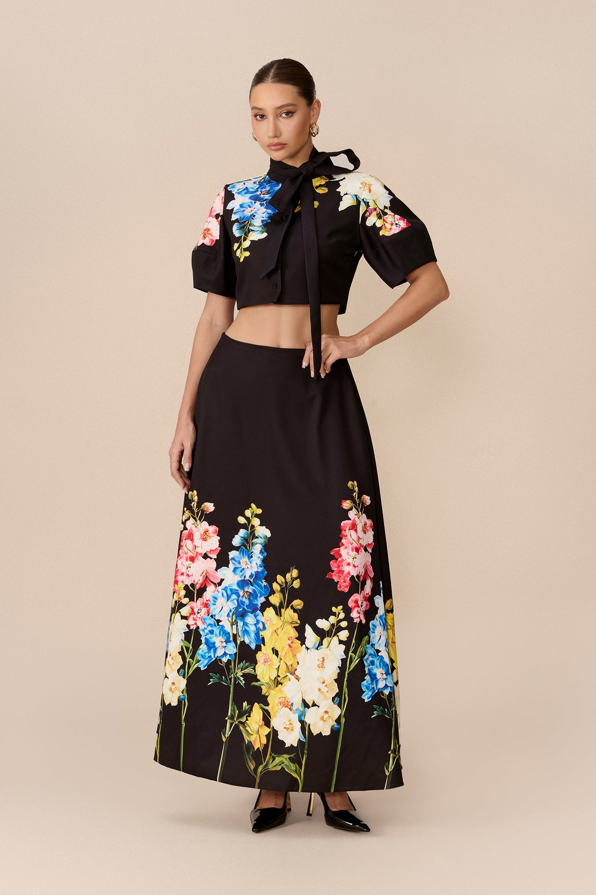 Black Floral Print Tie Neck Puff-Sleeve Cropped Top & Maxi Skirt Set