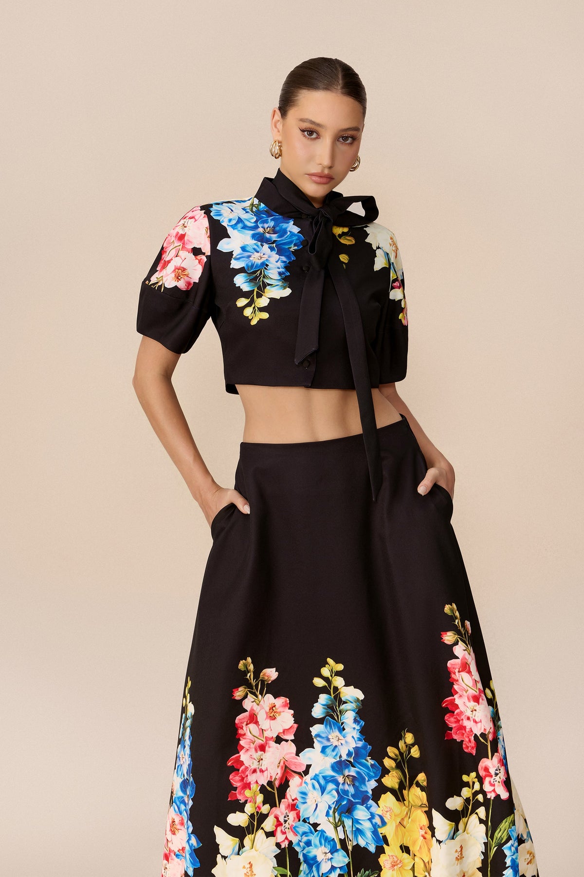 Black Floral Print Tie Neck Puff-Sleeve Cropped Top & Maxi Skirt Set