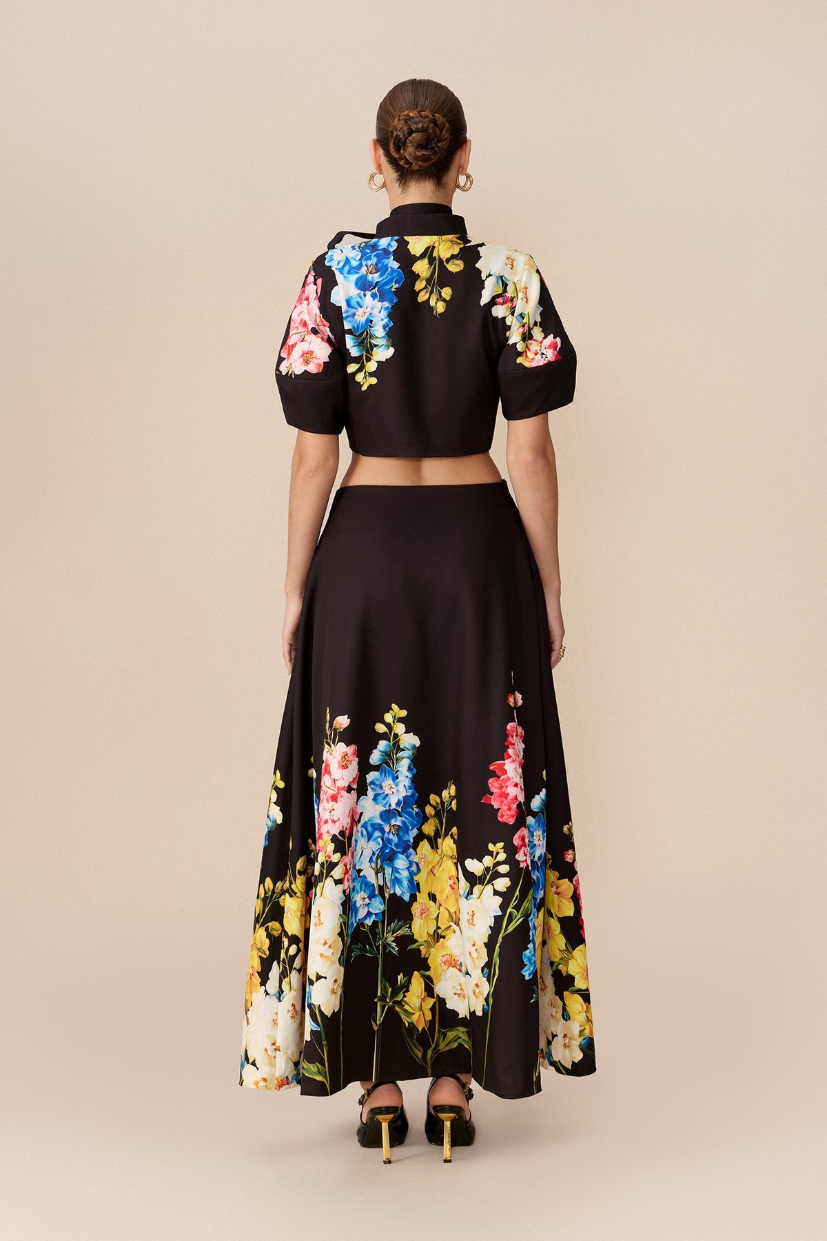 Black Floral Print Tie Neck Puff-Sleeve Cropped Top & Maxi Skirt Set