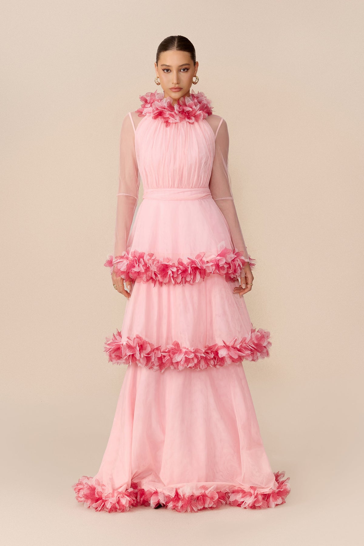 Pink Mesh Floral Trim Tiered Halter Wedding Guest Maxi Dress