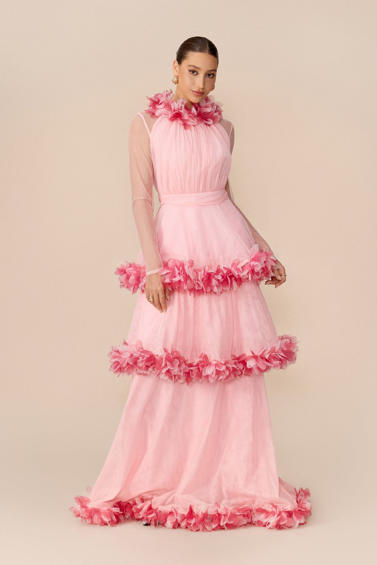 Pink Mesh Floral Trim Tiered Halter Wedding Guest Maxi Dress