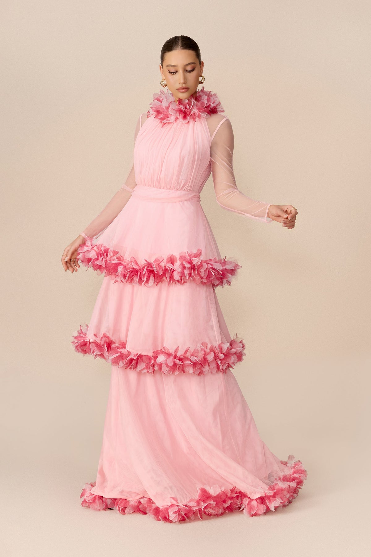 Pink Mesh Floral Trim Tiered Halter Wedding Guest Maxi Dress