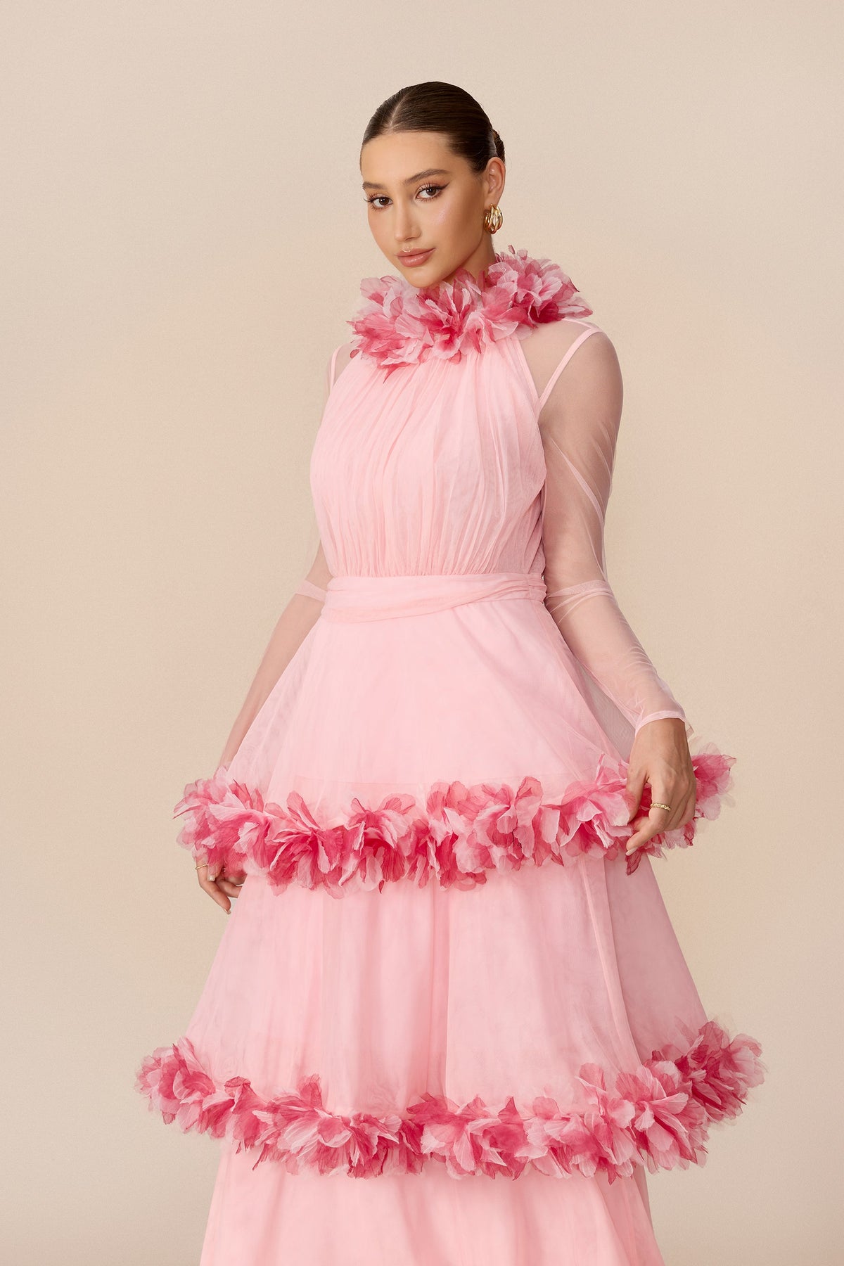 Pink Mesh Floral Trim Tiered Halter Wedding Guest Maxi Dress