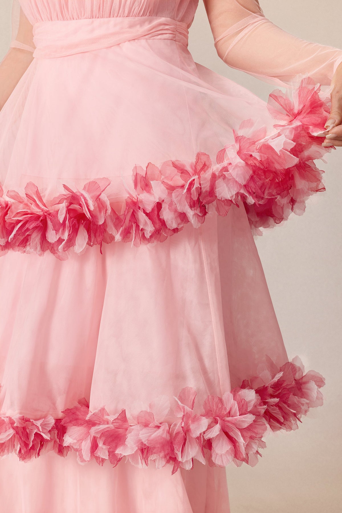Pink Mesh Floral Trim Tiered Halter Wedding Guest Maxi Dress