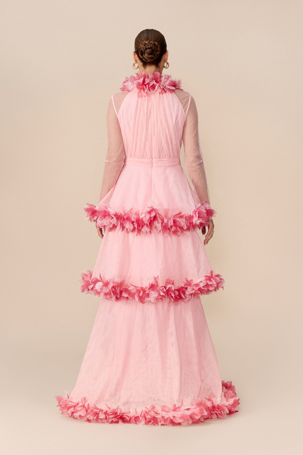Pink Mesh Floral Trim Tiered Halter Wedding Guest Maxi Dress