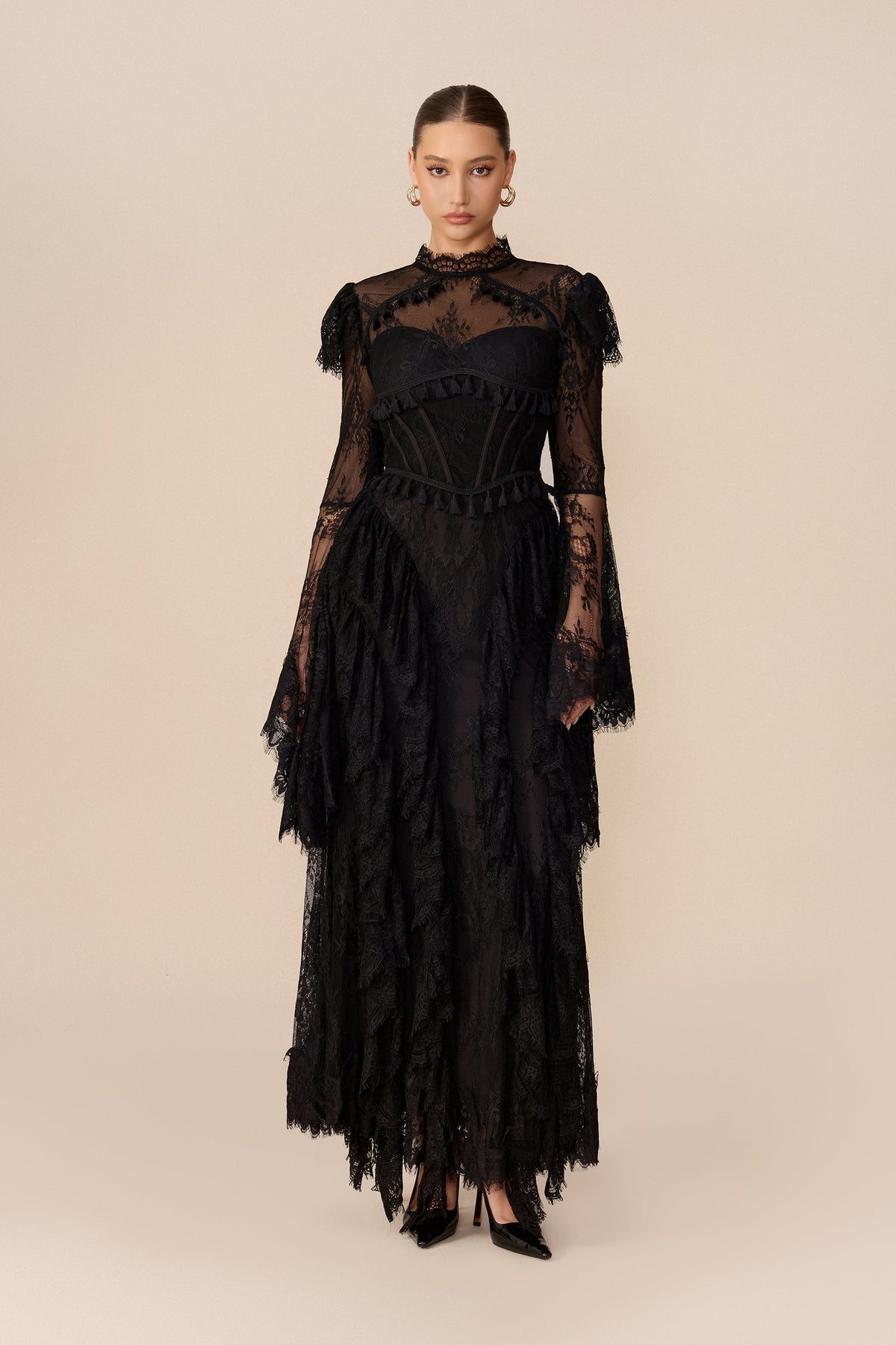 Black Lace Corset Long Bell-Sleeve Ruffle Evening Maxi Dress