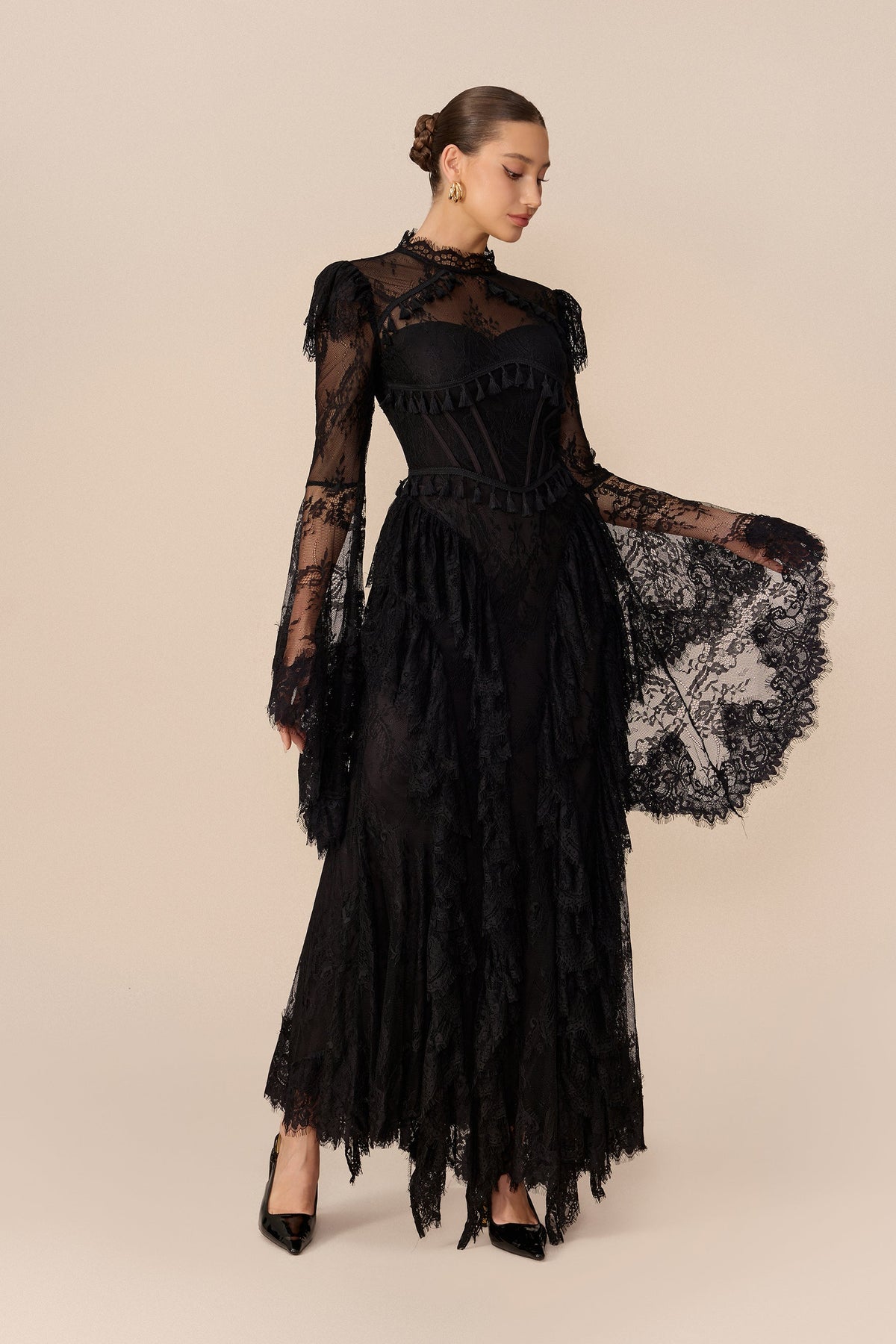 Black Lace Corset Long Bell-Sleeve Ruffle Evening Maxi Dress