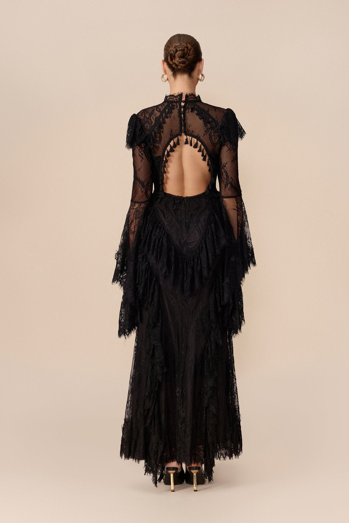 Black Lace Corset Long Bell-Sleeve Ruffle Evening Maxi Dress