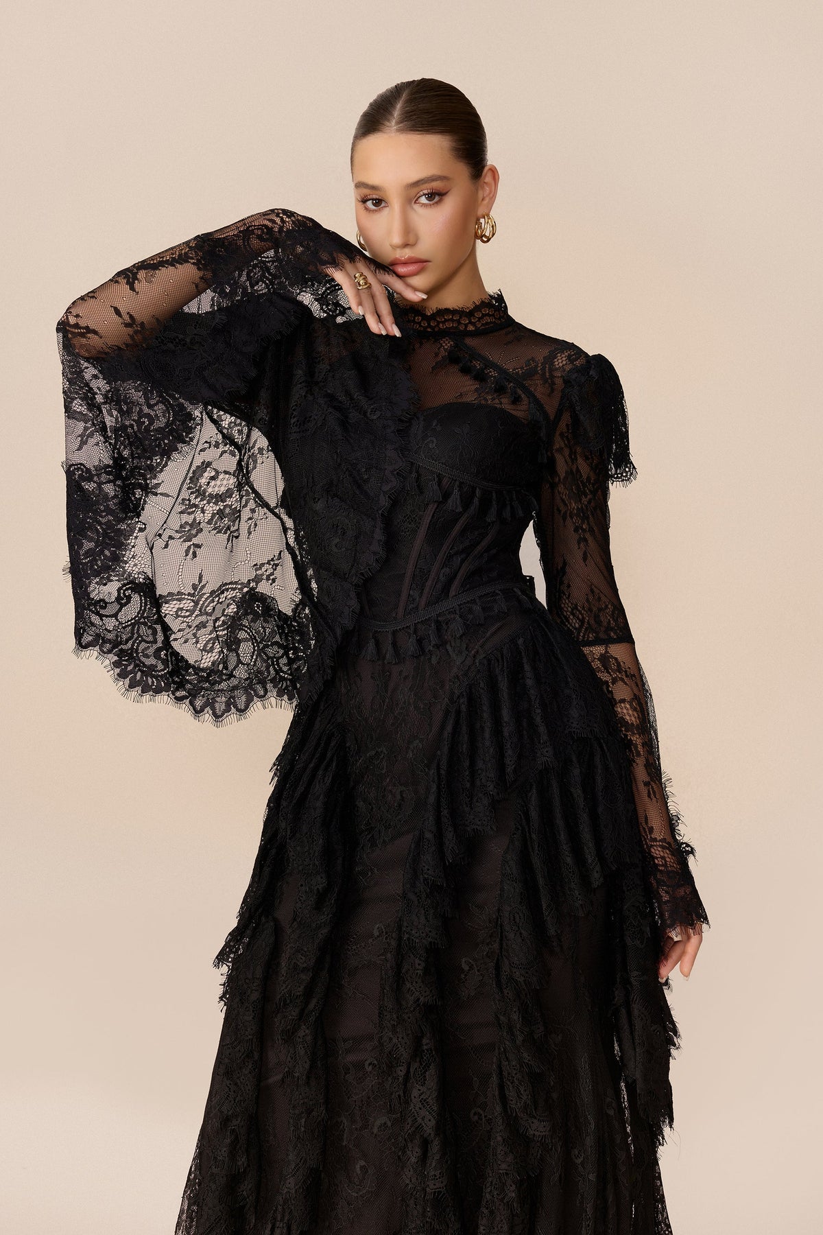 Black Lace Corset Long Bell-Sleeve Ruffle Evening Maxi Dress