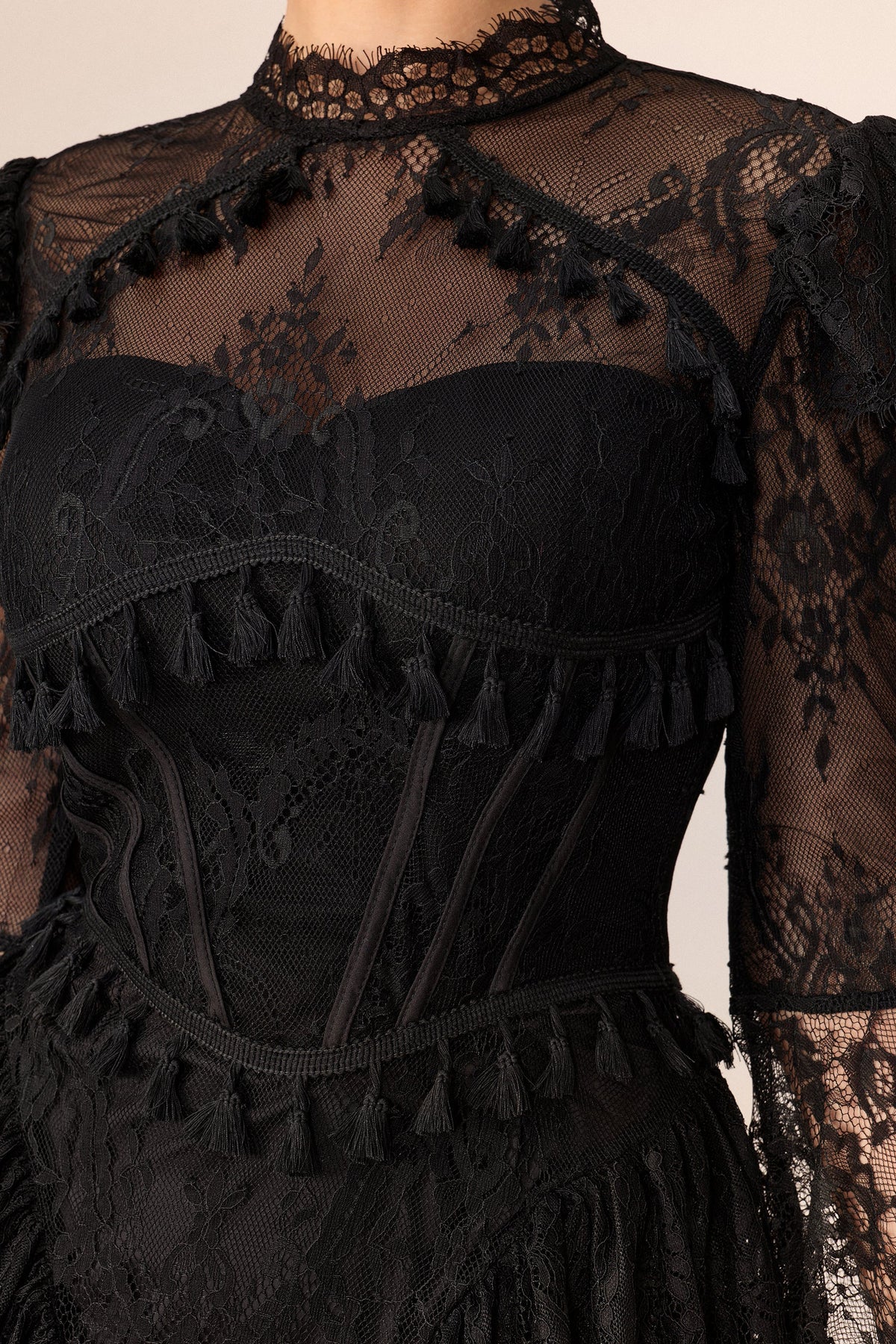 Black Lace Corset Long Bell-Sleeve Ruffle Evening Maxi Dress
