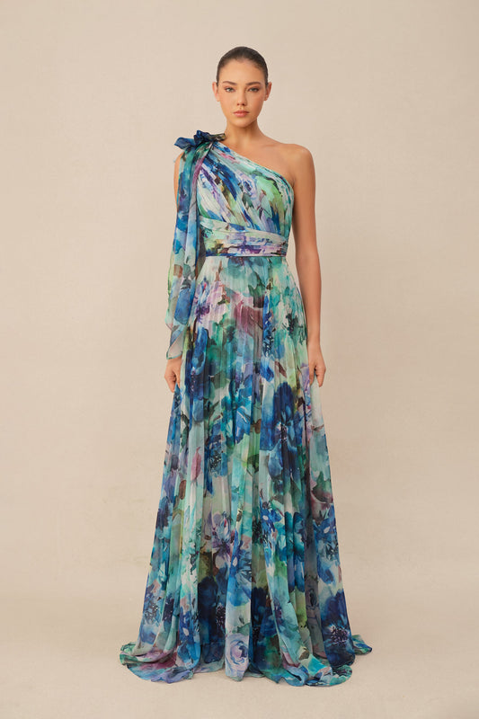 Multi Floral Print Chiffon One Shoulder Long-Sleeve Pleated Maxi Dress