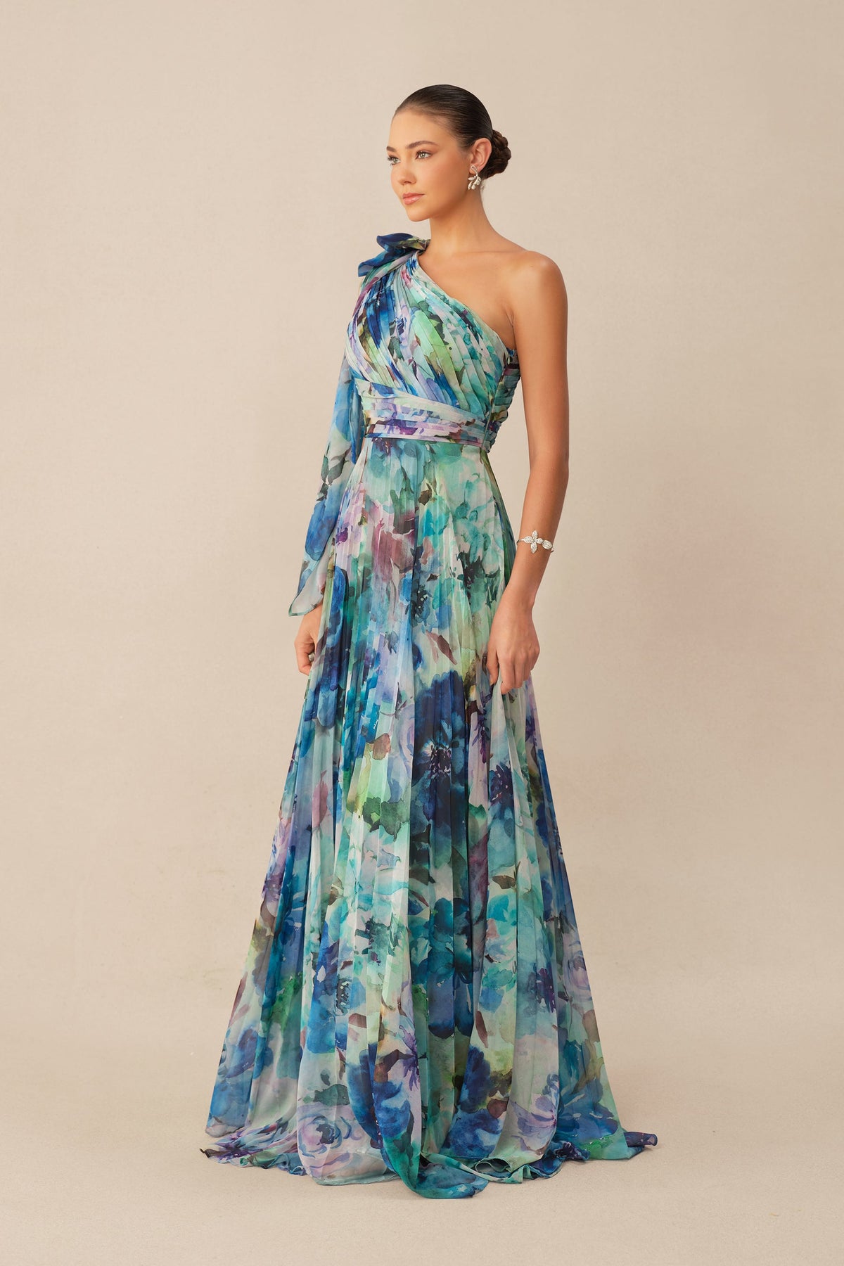 Multi Floral Print Chiffon One Shoulder Long-Sleeve Pleated Maxi Dress