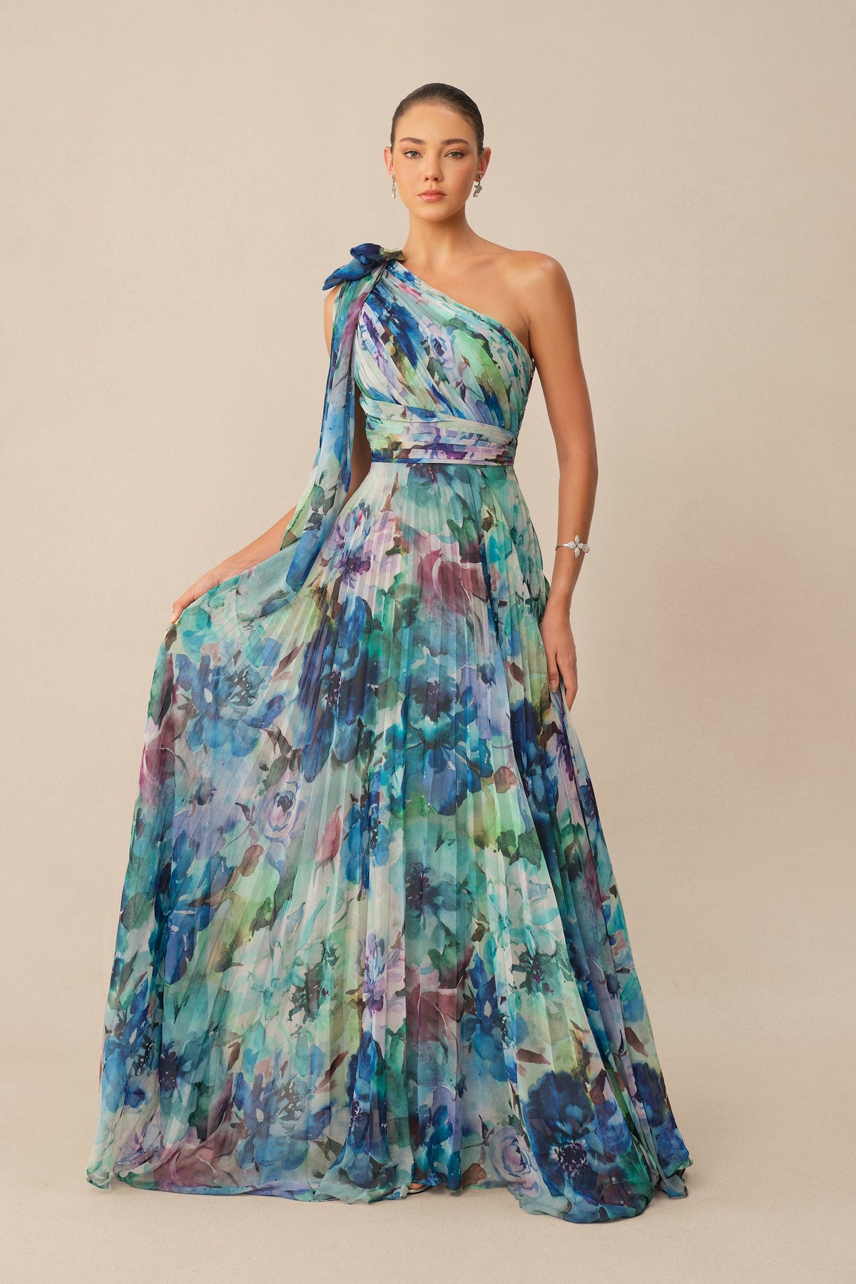 Multi Floral Print Chiffon One Shoulder Long-Sleeve Pleated Maxi Dress