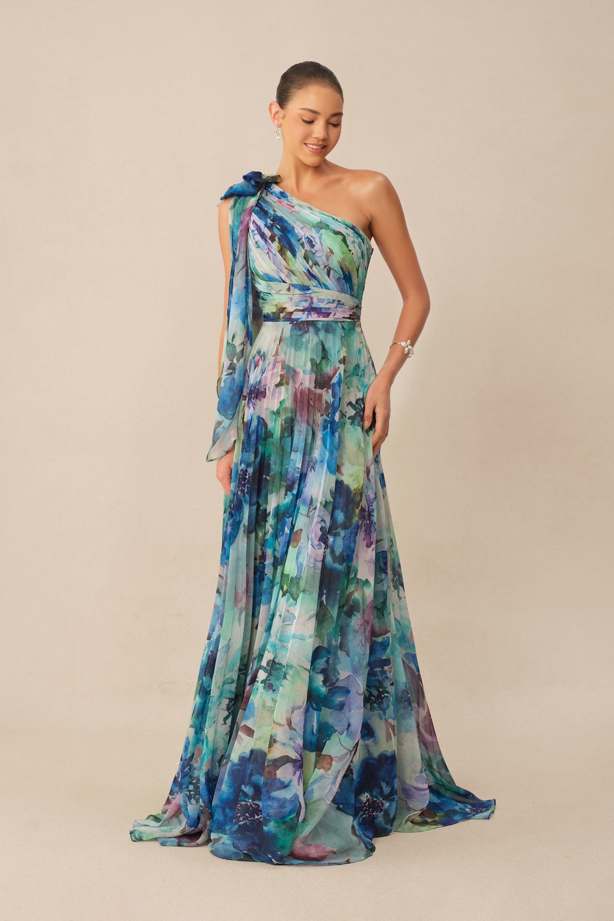 Multi Floral Print Chiffon One Shoulder Long-Sleeve Pleated Maxi Dress