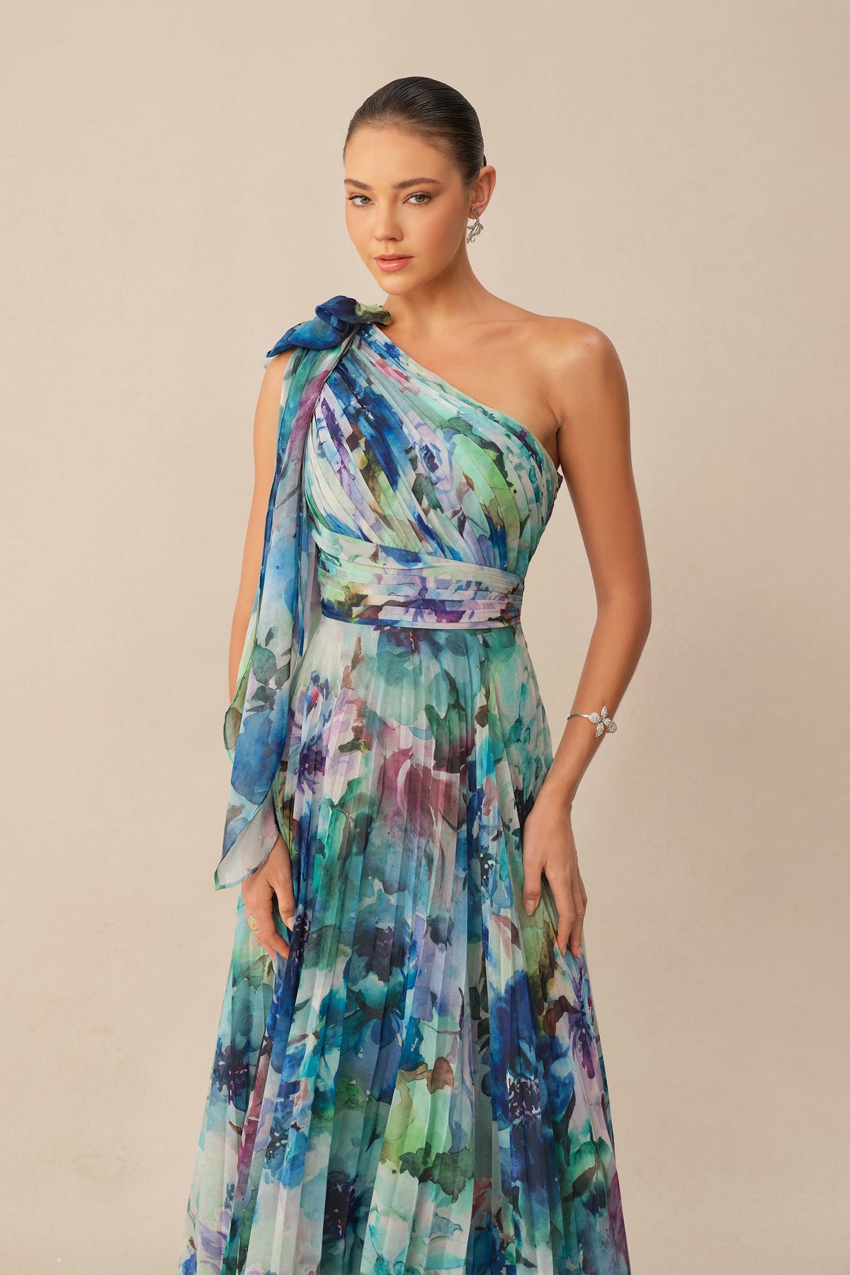 Multi Floral Print Chiffon One Shoulder Long-Sleeve Pleated Maxi Dress
