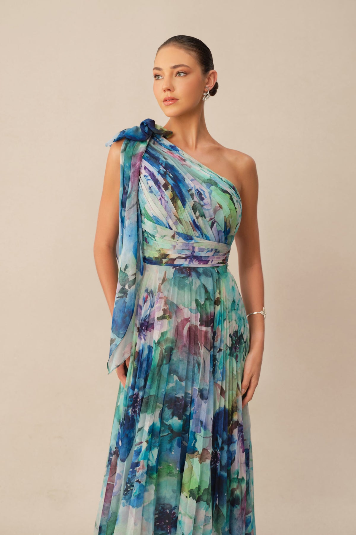 Multi Floral Print Chiffon One Shoulder Long-Sleeve Pleated Maxi Dress