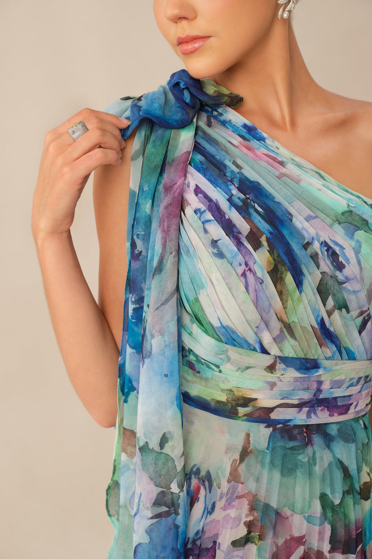 Multi Floral Print Chiffon One Shoulder Long-Sleeve Pleated Maxi Dress