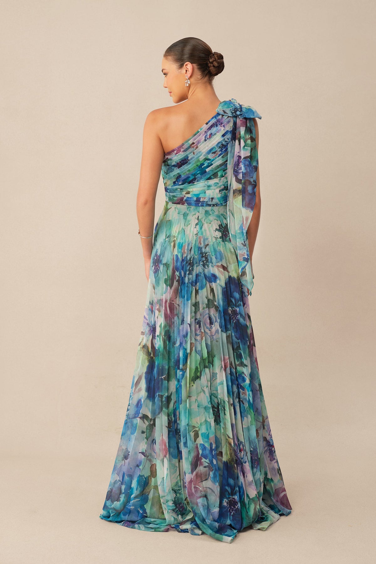 Multi Floral Print Chiffon One Shoulder Long-Sleeve Pleated Maxi Dress