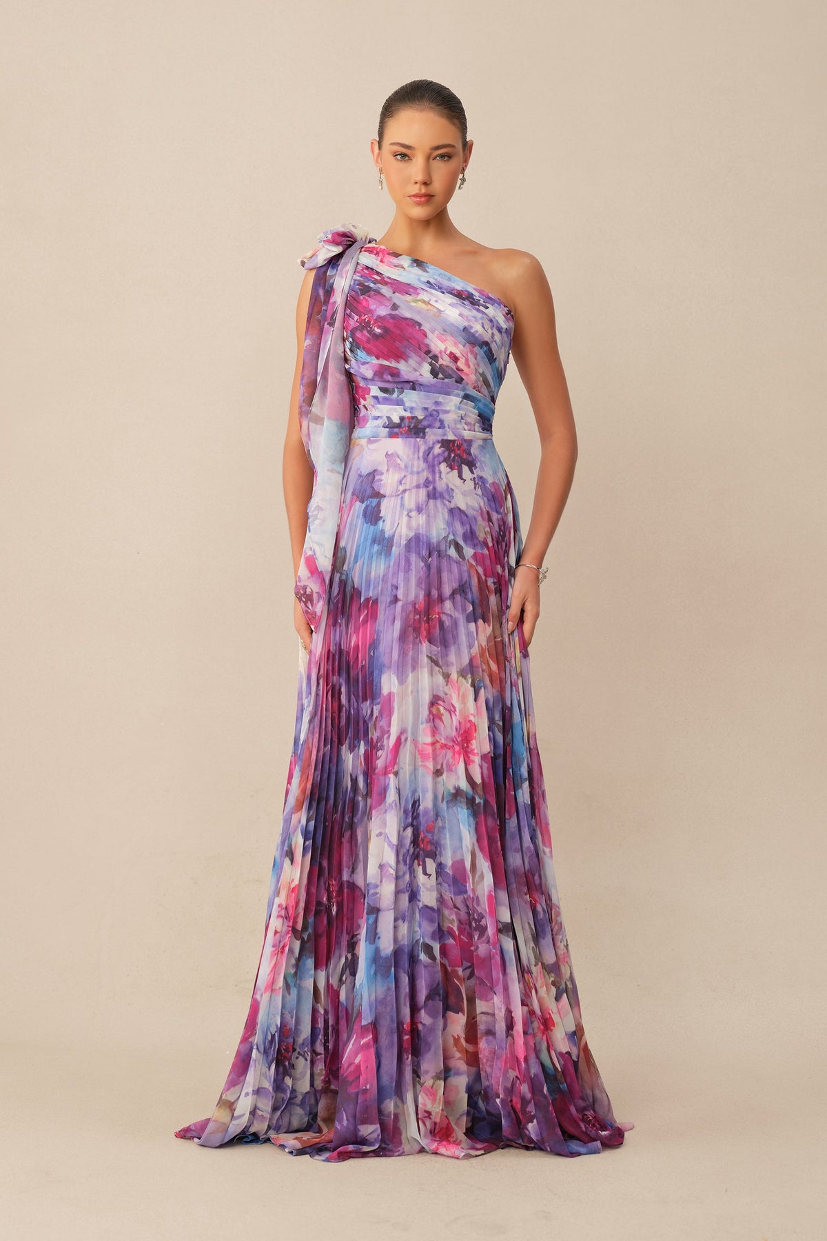 Purple Floral Print Chiffon One Shoulder Pleated Maxi Dress