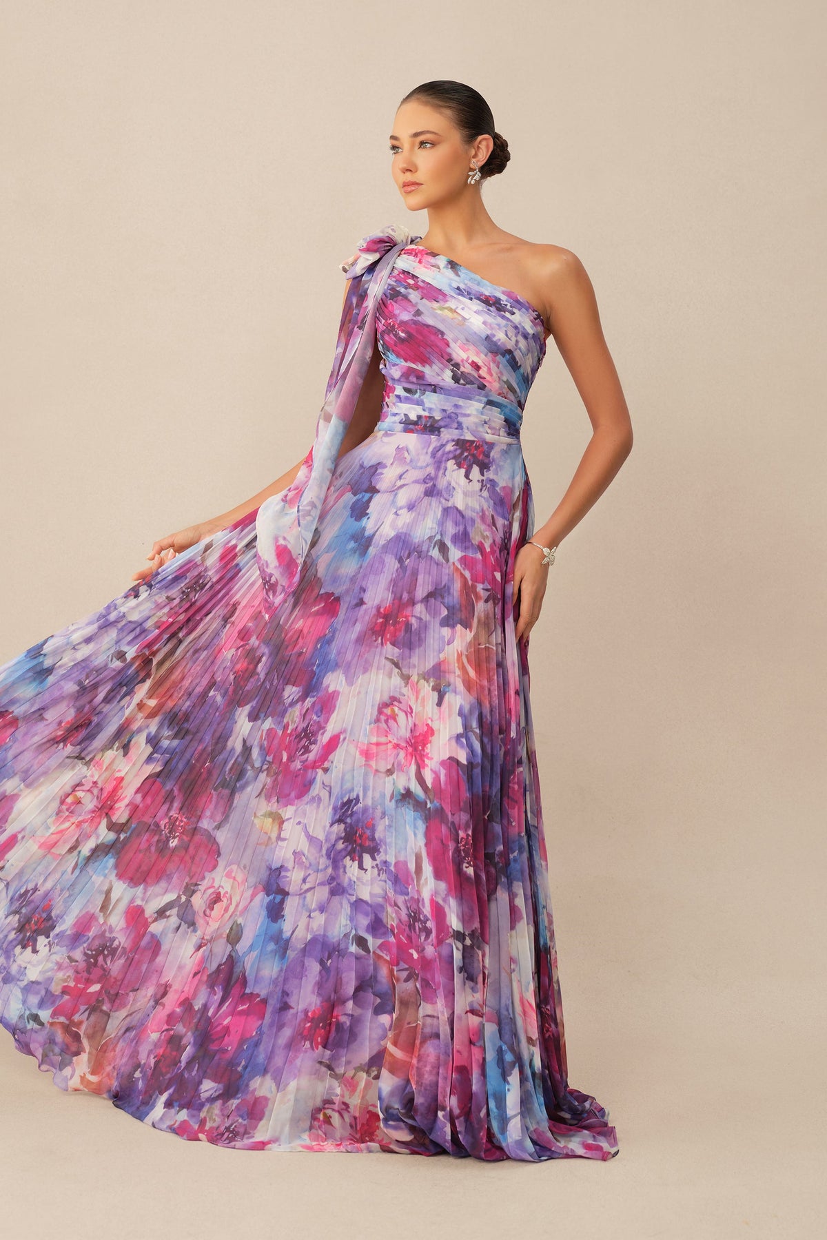 Purple Floral Print Chiffon One Shoulder Pleated Maxi Dress