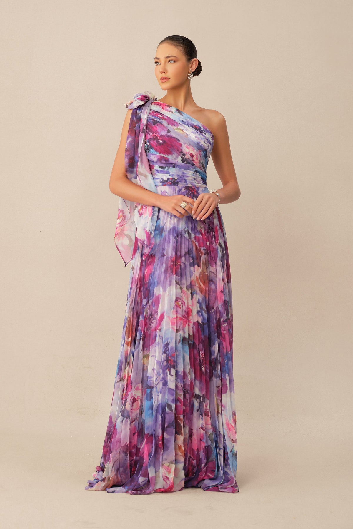 Purple Floral Print Chiffon One Shoulder Pleated Maxi Dress