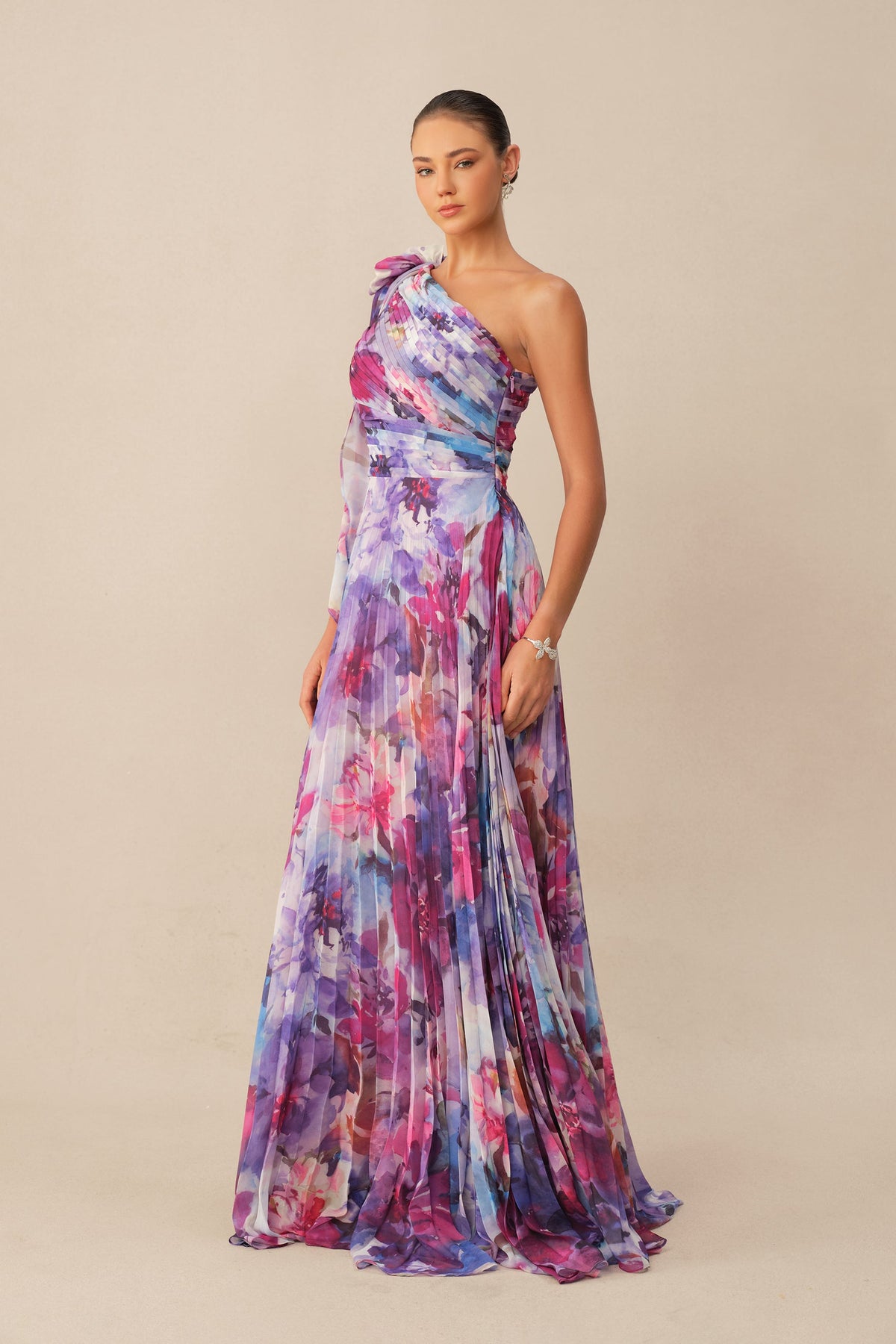 Purple Floral Print Chiffon One Shoulder Pleated Maxi Dress