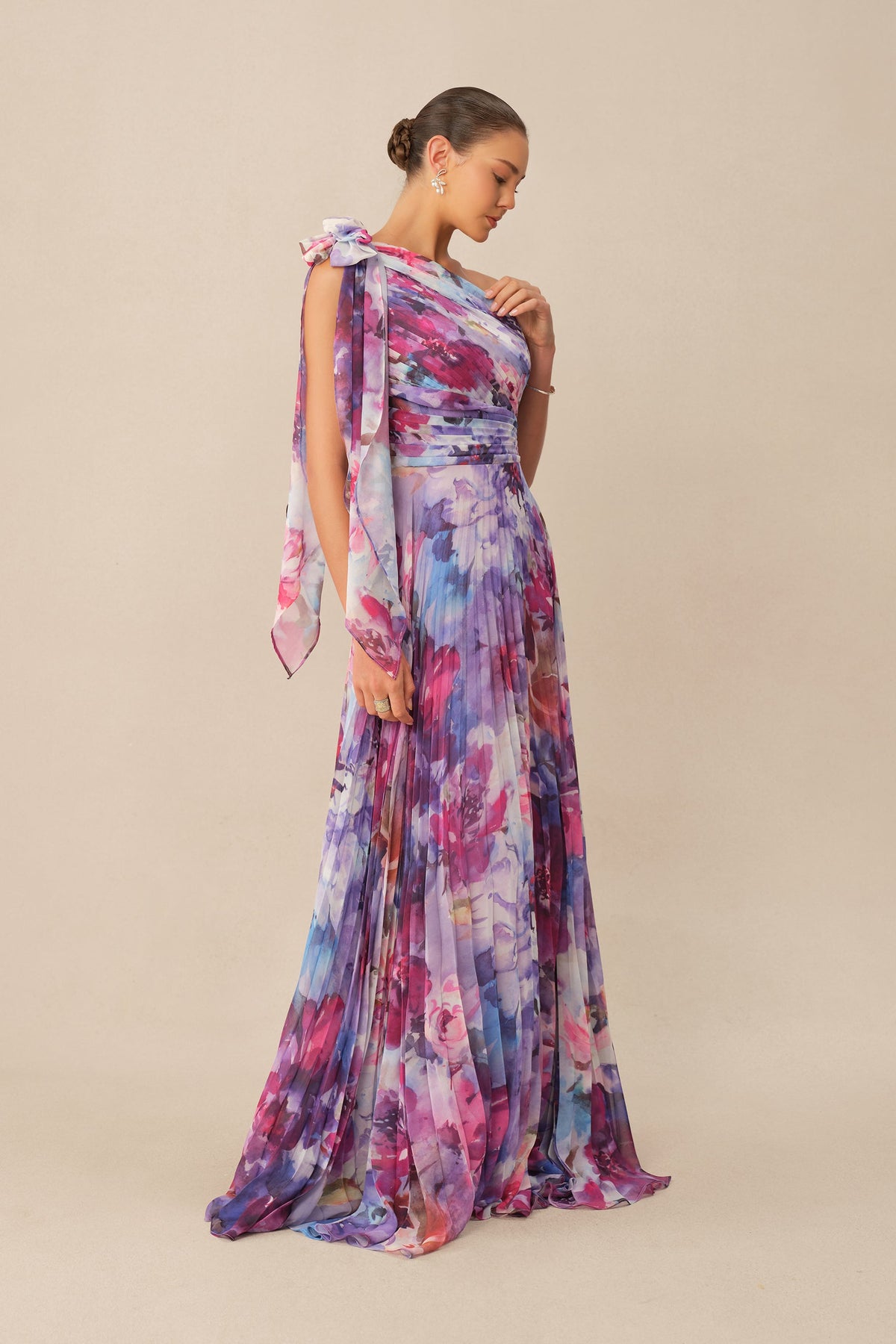 Purple Floral Print Chiffon One Shoulder Pleated Maxi Dress