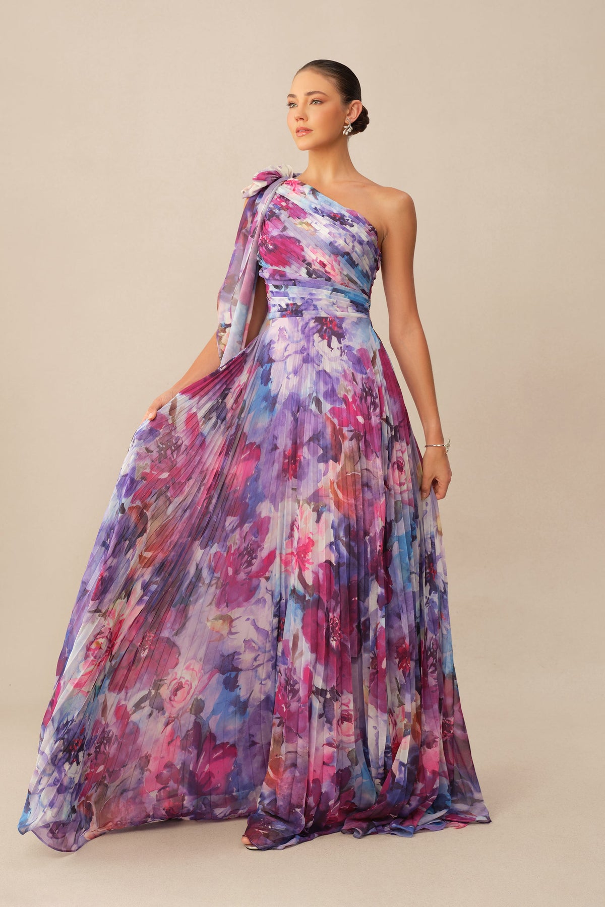 Purple Floral Print Chiffon One Shoulder Pleated Maxi Dress