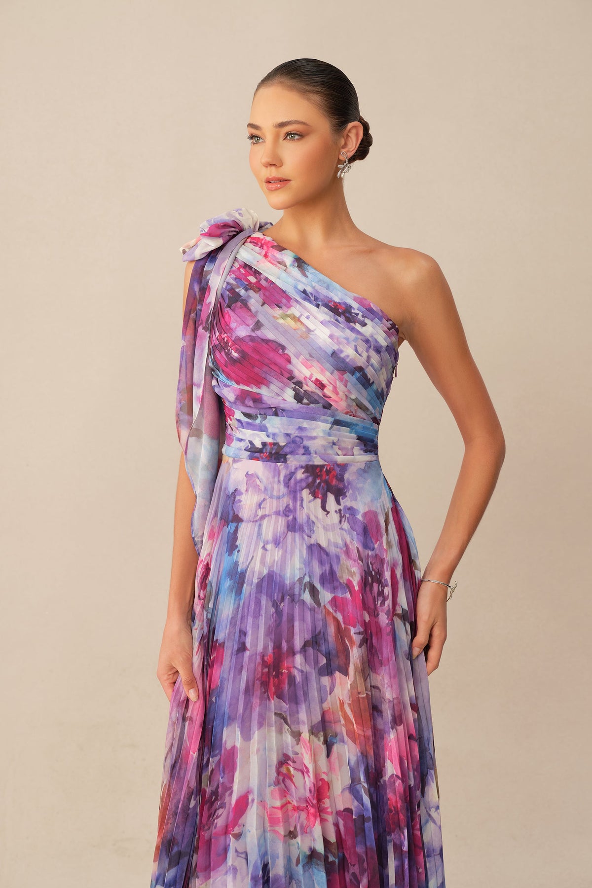 Purple Floral Print Chiffon One Shoulder Pleated Maxi Dress