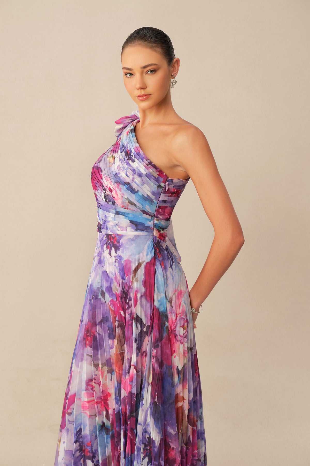 Purple Floral Print Chiffon One Shoulder Pleated Maxi Dress