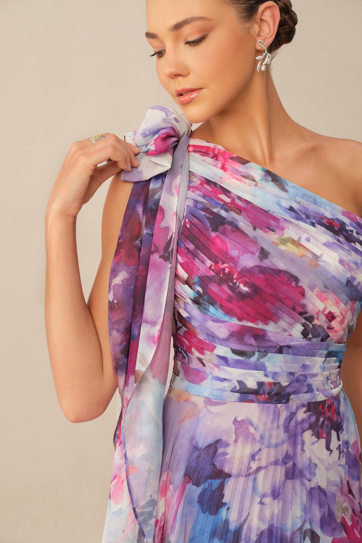 Purple Floral Print Chiffon One Shoulder Pleated Maxi Dress