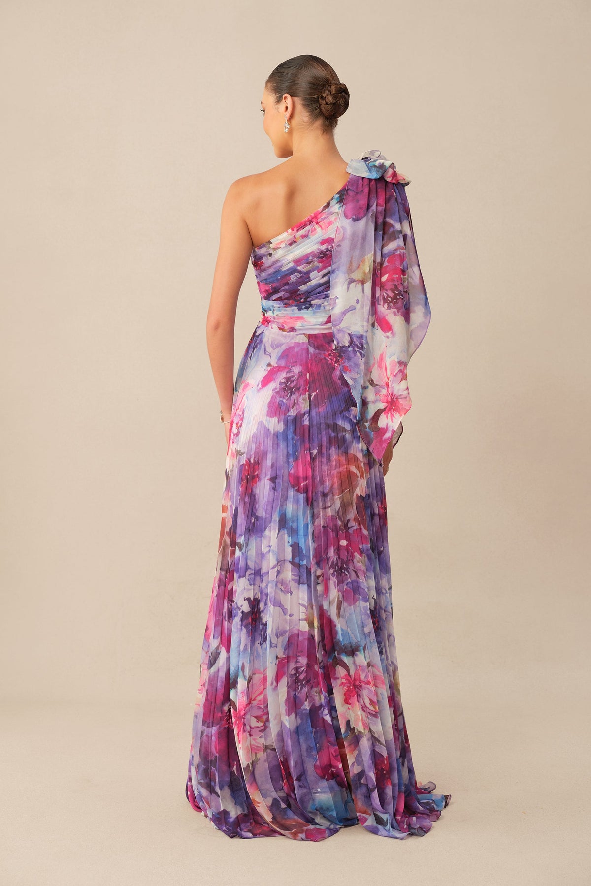 Purple Floral Print Chiffon One Shoulder Pleated Maxi Dress