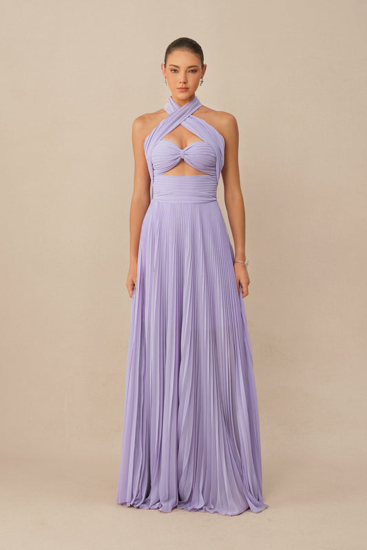 Purple Pleated Chiffon Crisscross Halter Formal Maxi Dress
