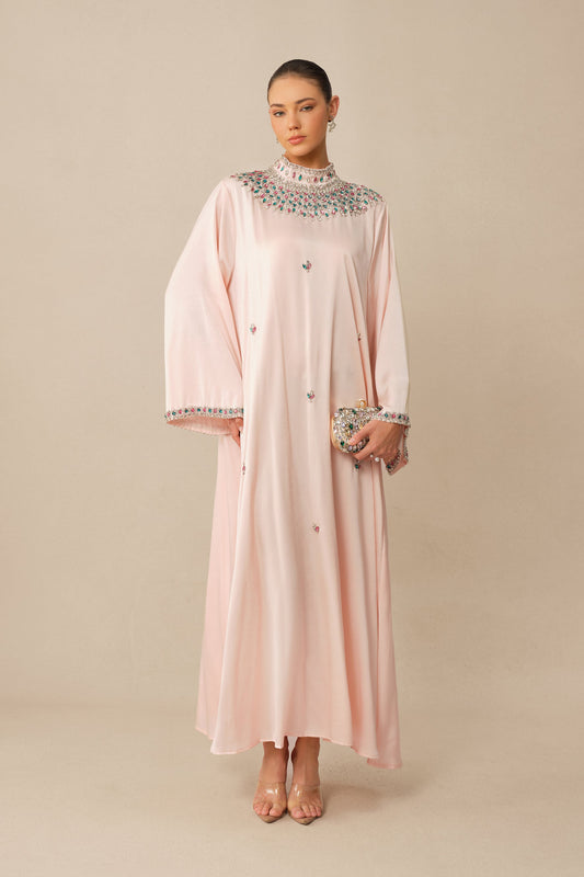 Pink Satin Rhinestone High-Neck Flared Sleeves Formal Maxi Dress