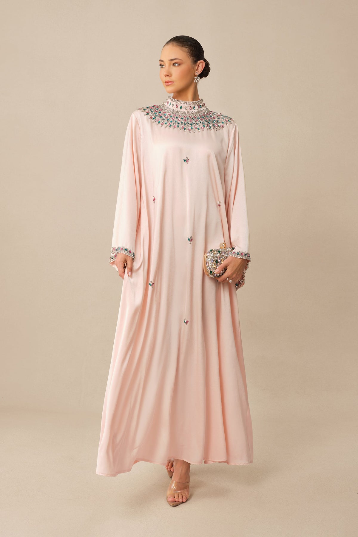 Pink Satin Rhinestone High-Neck Flared Sleeves Formal Maxi Dress