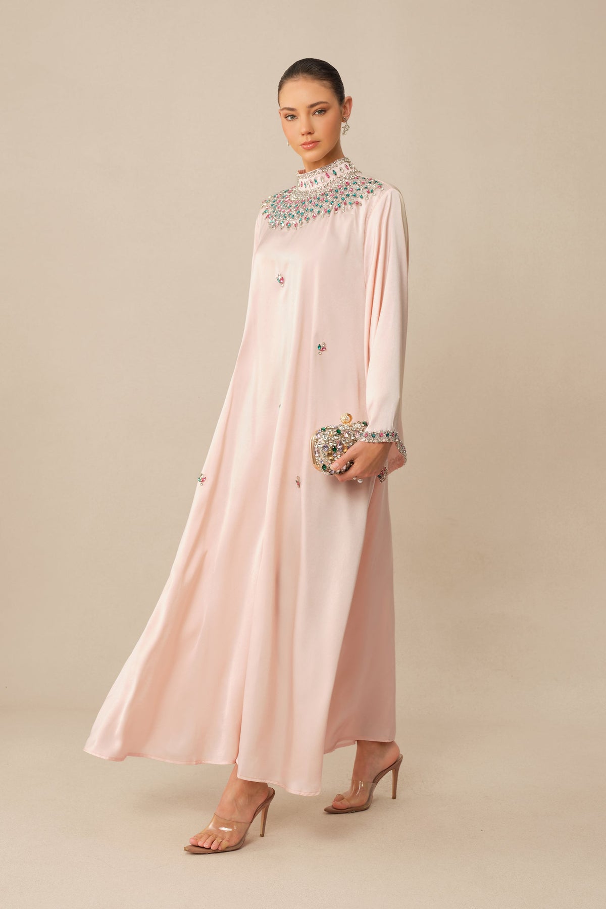 Pink Satin Rhinestone High-Neck Flared Sleeves Formal Maxi Dress