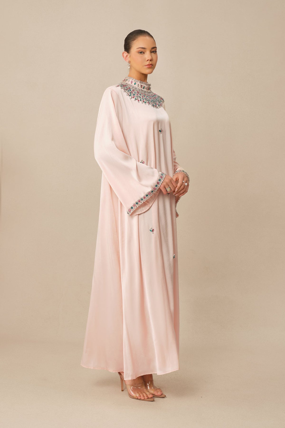 Pink Satin Rhinestone High-Neck Flared Sleeves Formal Maxi Dress