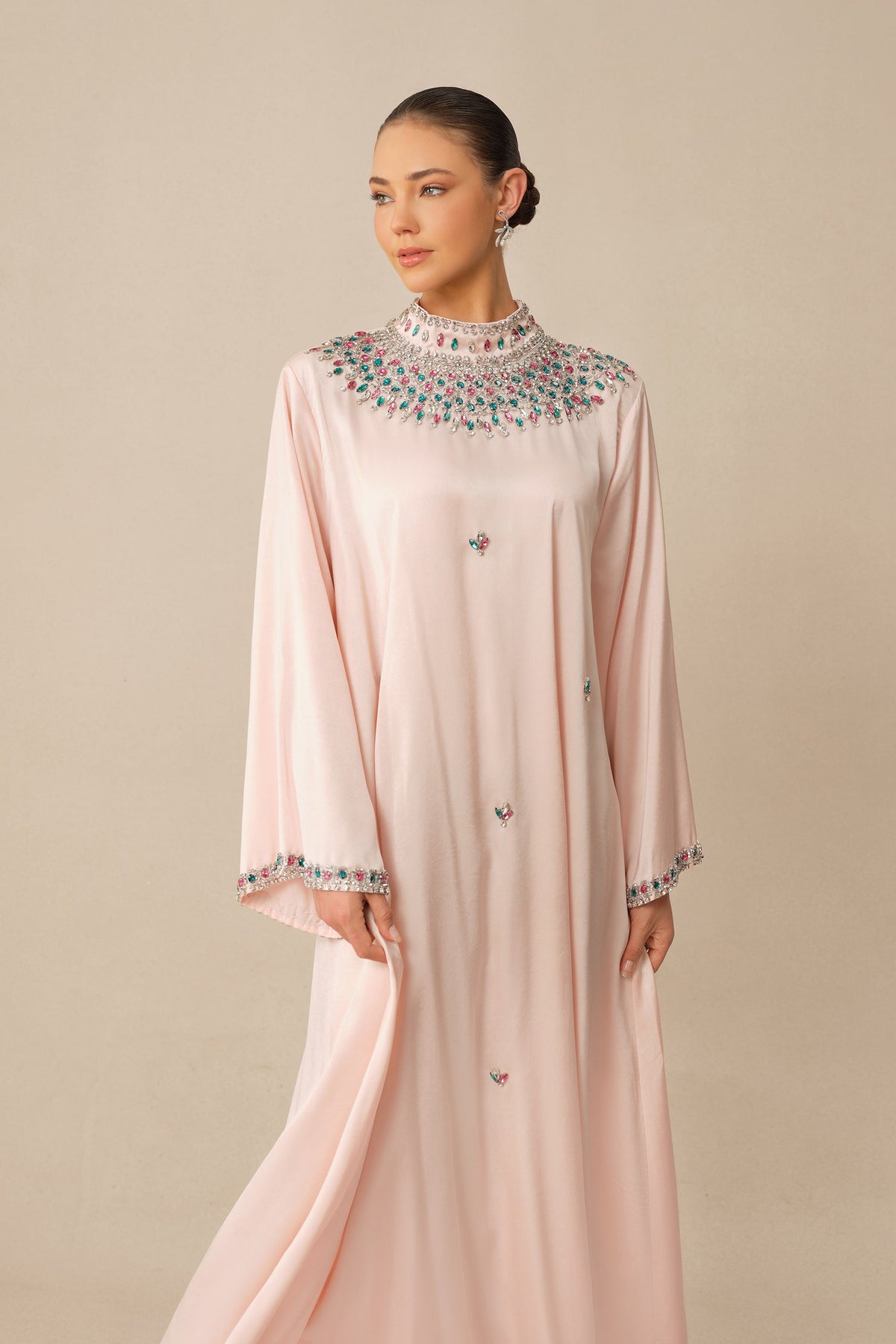 Pink Satin Rhinestone High-Neck Flared Sleeves Formal Maxi Dress
