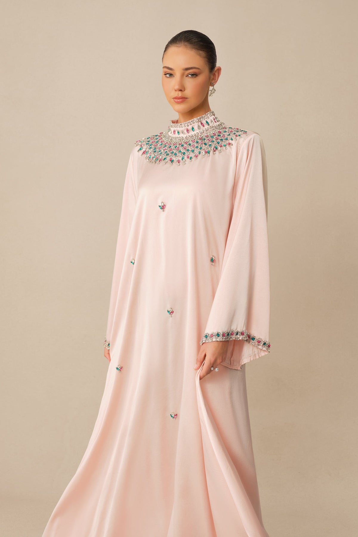 Pink Satin Rhinestone High-Neck Flared Sleeves Formal Maxi Dress