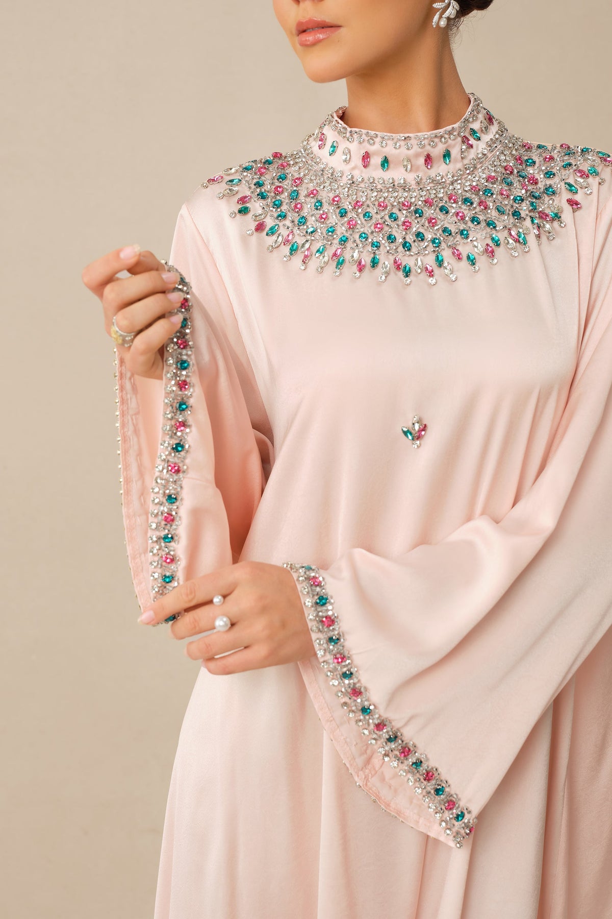 Pink Satin Rhinestone High-Neck Flared Sleeves Formal Maxi Dress