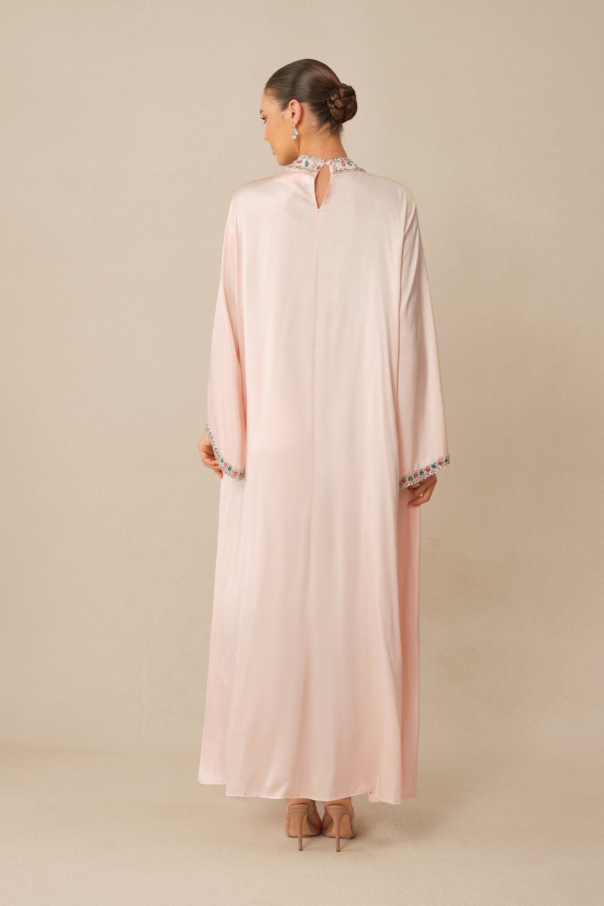 Pink Satin Rhinestone High-Neck Flared Sleeves Formal Maxi Dress