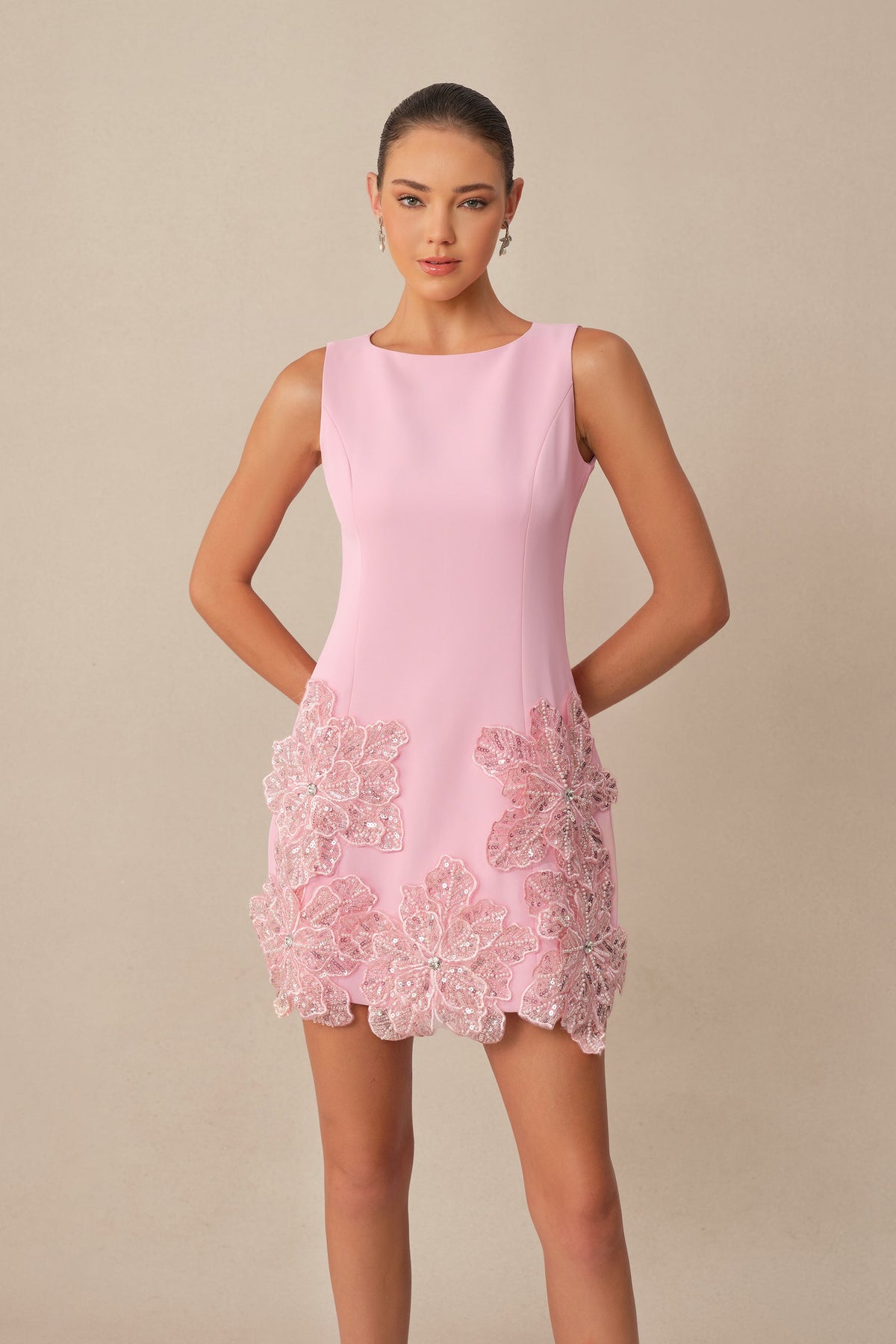 Pink Sequin Floral Applique Sleeveless Mini Dress