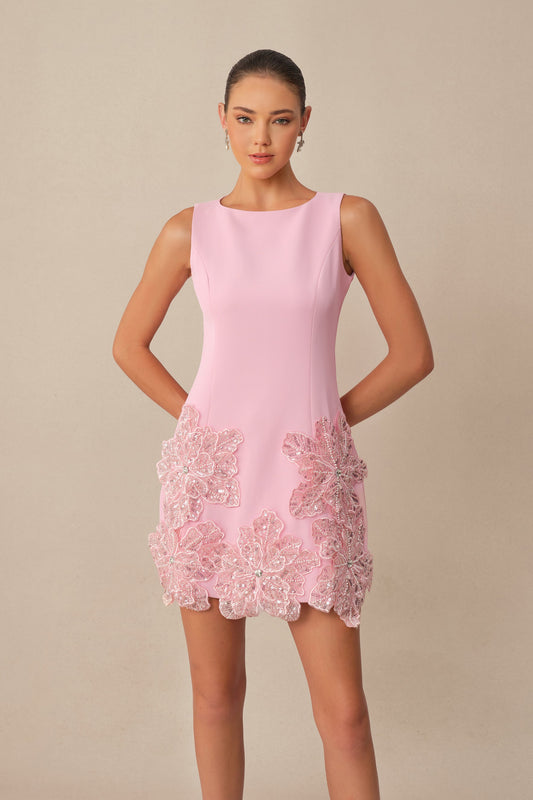 Pink Sequin Floral Applique Sleeveless Mini Dress