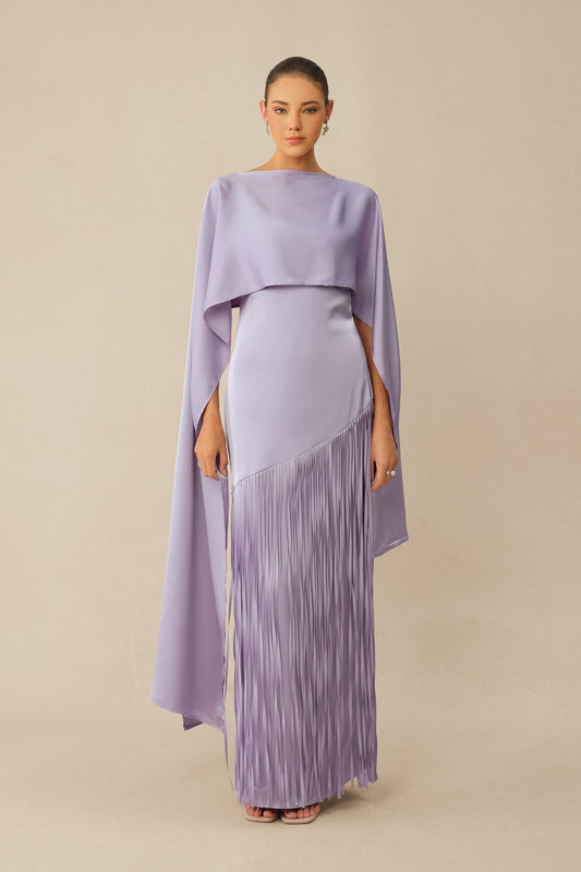 Purple Satin Fringe Sleeveless Formal Cape & Maxi Dress Set