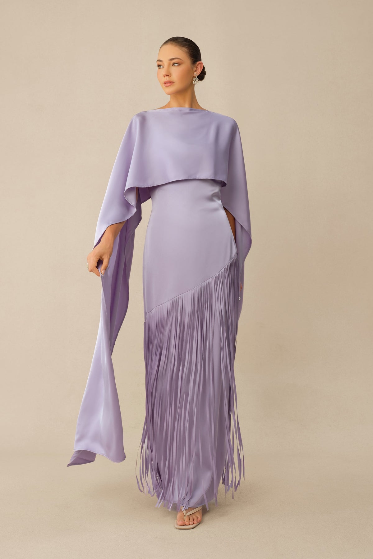 Purple Satin Fringe Sleeveless Formal Cape & Maxi Dress Set